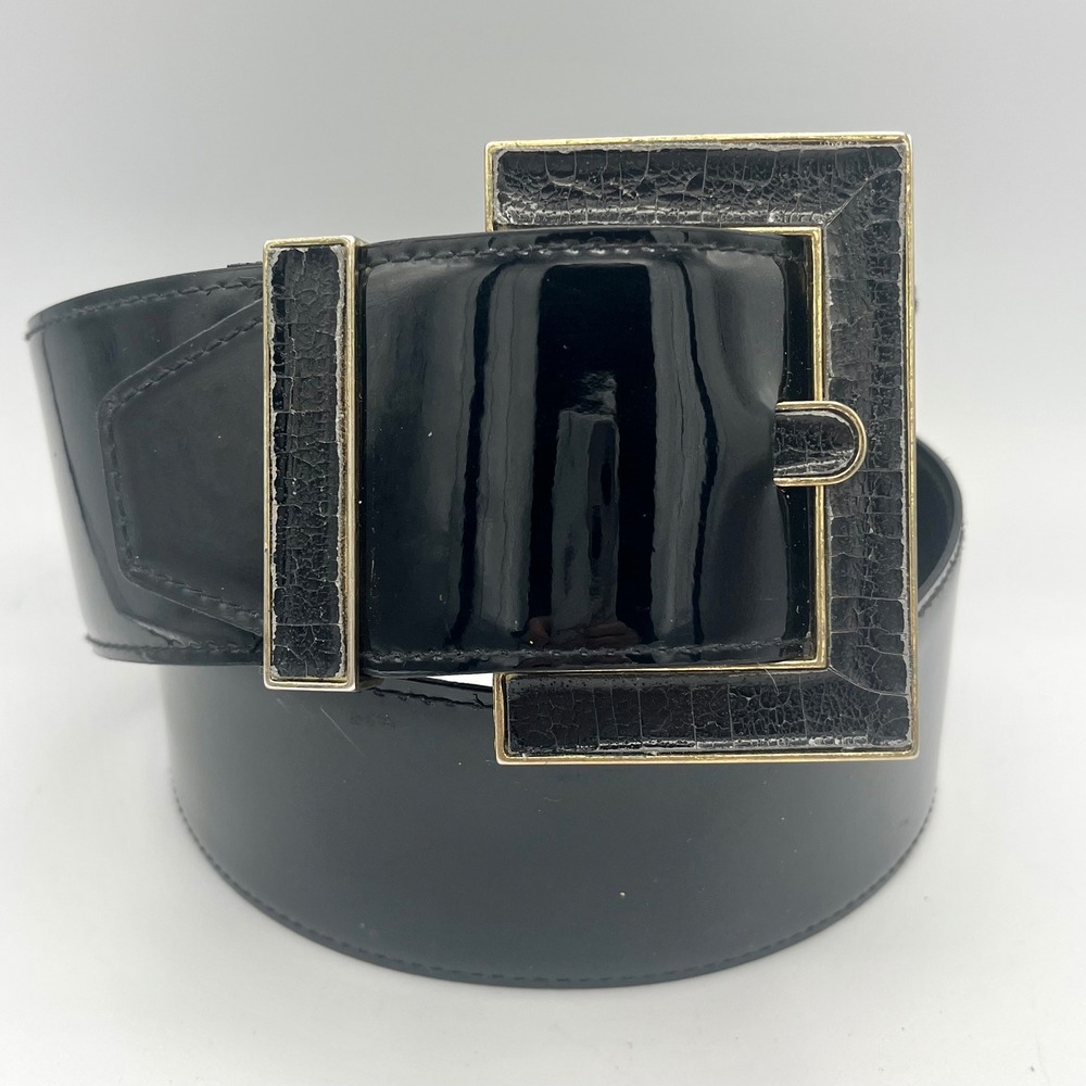 R&R Vintage Black Patent Belt Size S Gold Tone 8769 Croc Embossed Buckle